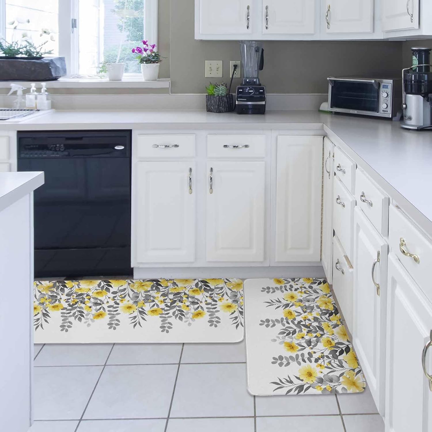 Yellow Floral Kitchen Rugs and Mats Set of 2, Non-Slip Kitchen Sink Mat, Farmhouse Spring Flowers Leaves Washable Doormat Bathroom Rugs Runner for Bedroom/Living Room 19.7"x31.5"+19.7"x63"
