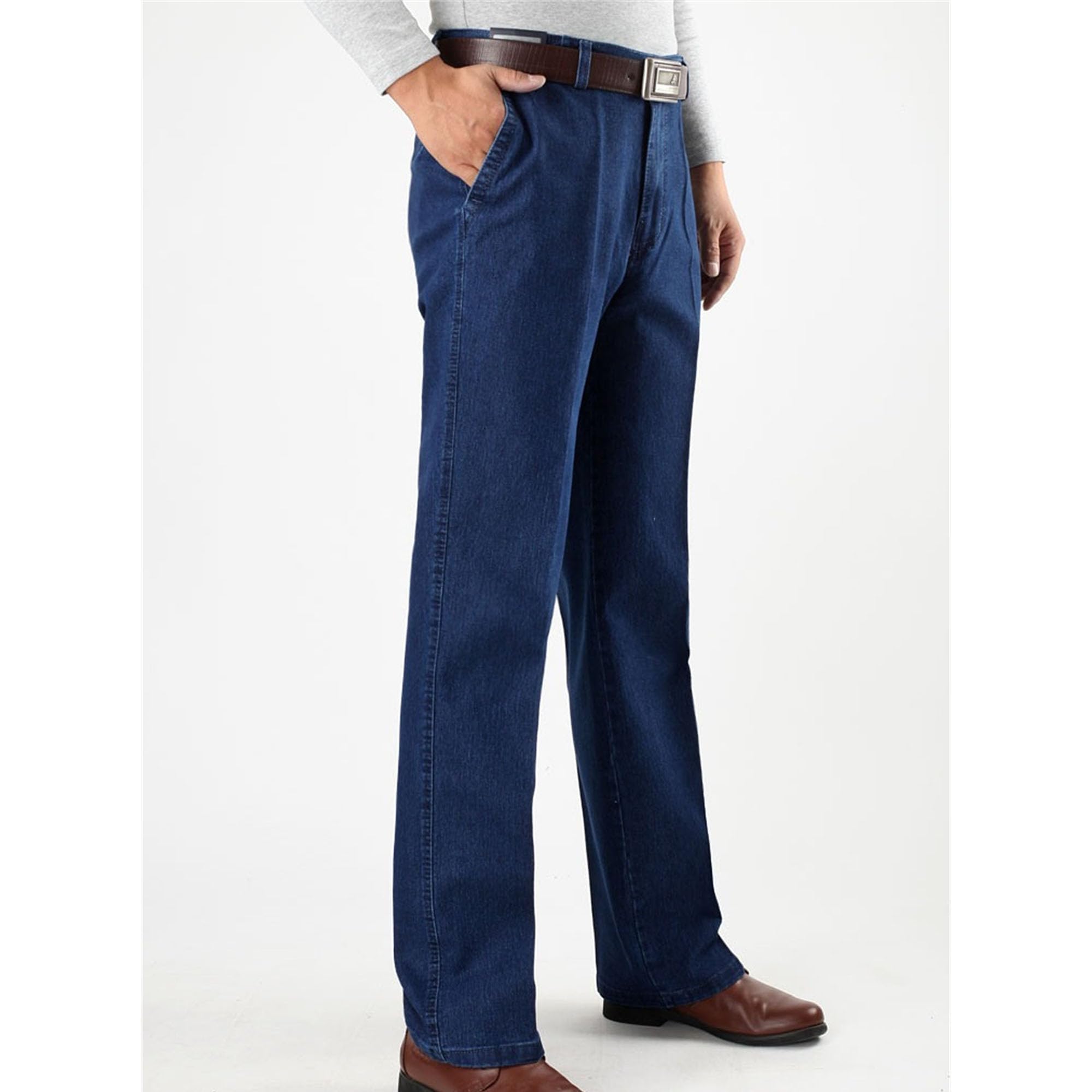 Maiyifu-GJ Men's Loose Straight-Fit Jeans Comfort Elasticity Business Denim Pants Casual Retro Trousers (DarkBlue1,34)