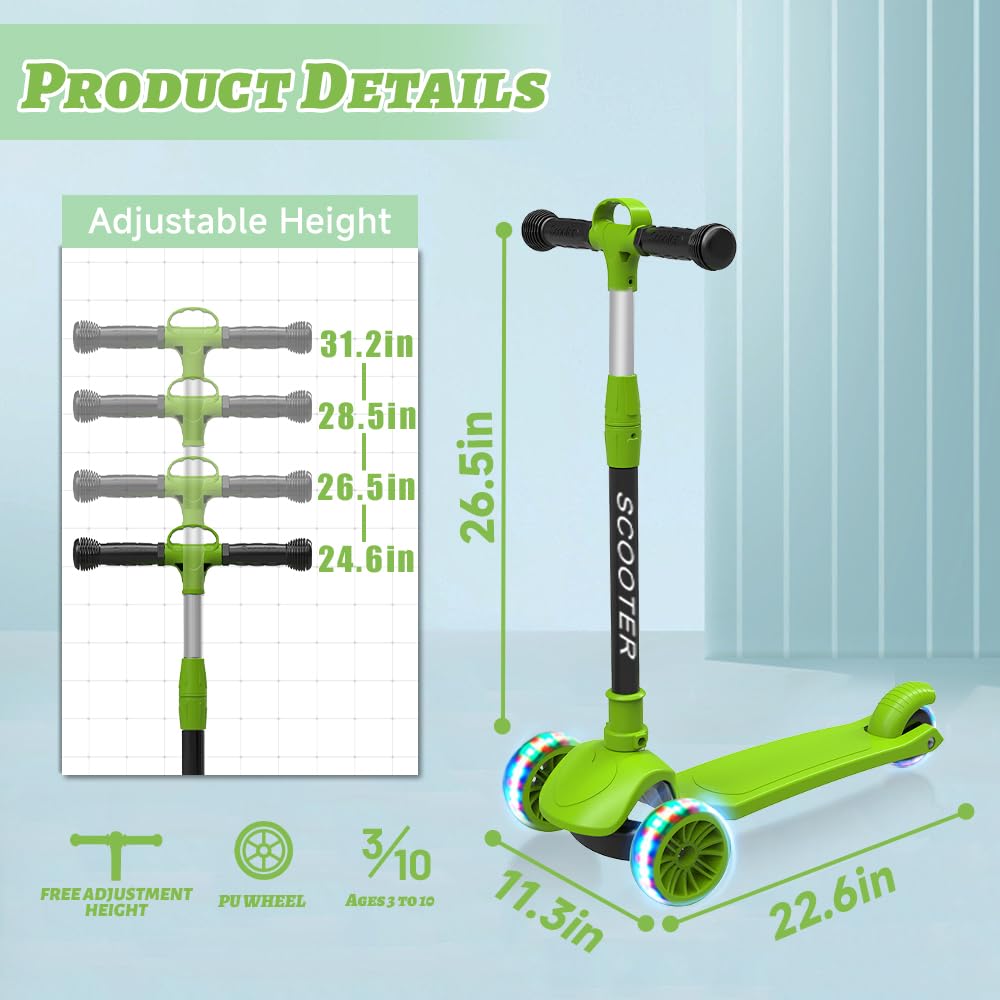 Kick Scooter for Kids Ages 3-8, LED Light 3-Wheels,4 Adjustable Height Foldable Scooter,Outdoor Activities for Toddlers Boys Girls