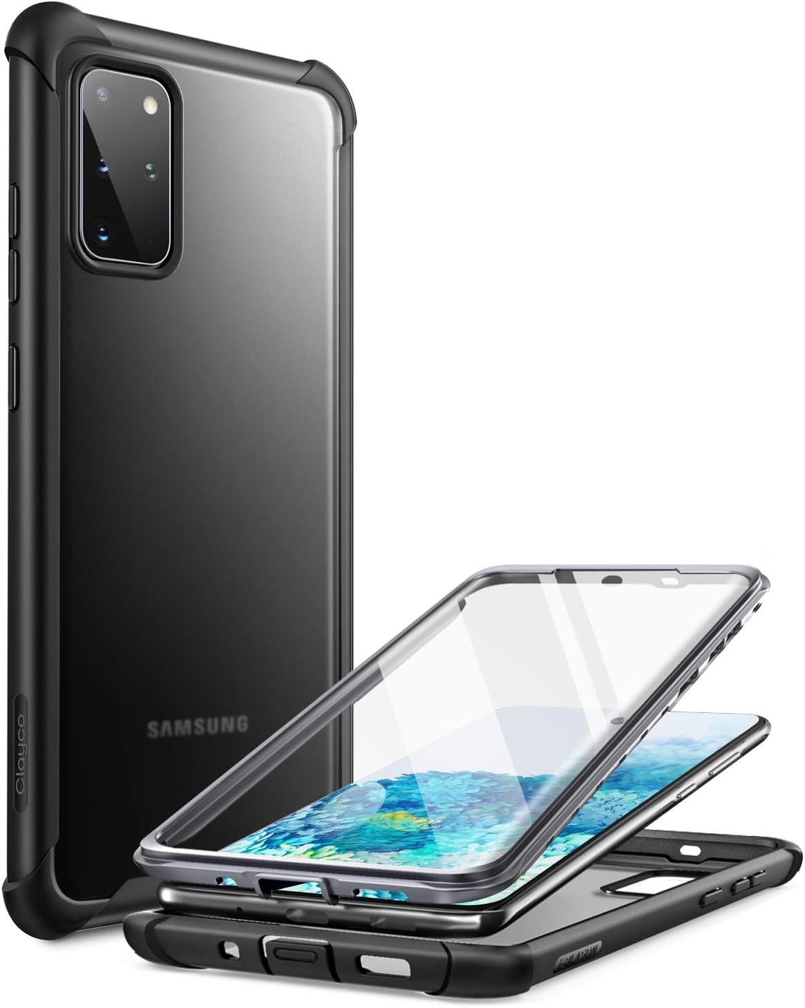 Clayco Forza Series Case for Samsung Galaxy S20 Plus, Built-in Screen Protector Compatible with Fingerprint ID, Full-Body Rugged Cover, 6.7 inch, 2020 Release (Black)