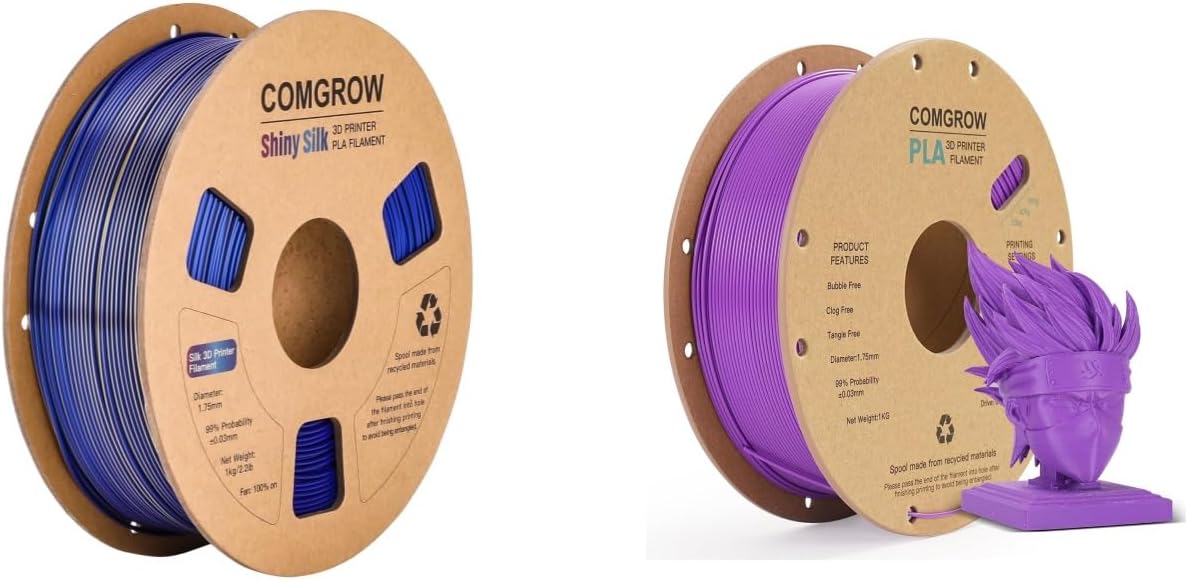 Comgrow Silk PLA 3D Printer Filament, Dual Color 2 in 1 Golden and Blue, 3D Printing PLA Filament 1.75mm 1KG Spool, Coextrusion Shiny Silk 3D Filament and PLA 3D Printer Filament Purple 1KG