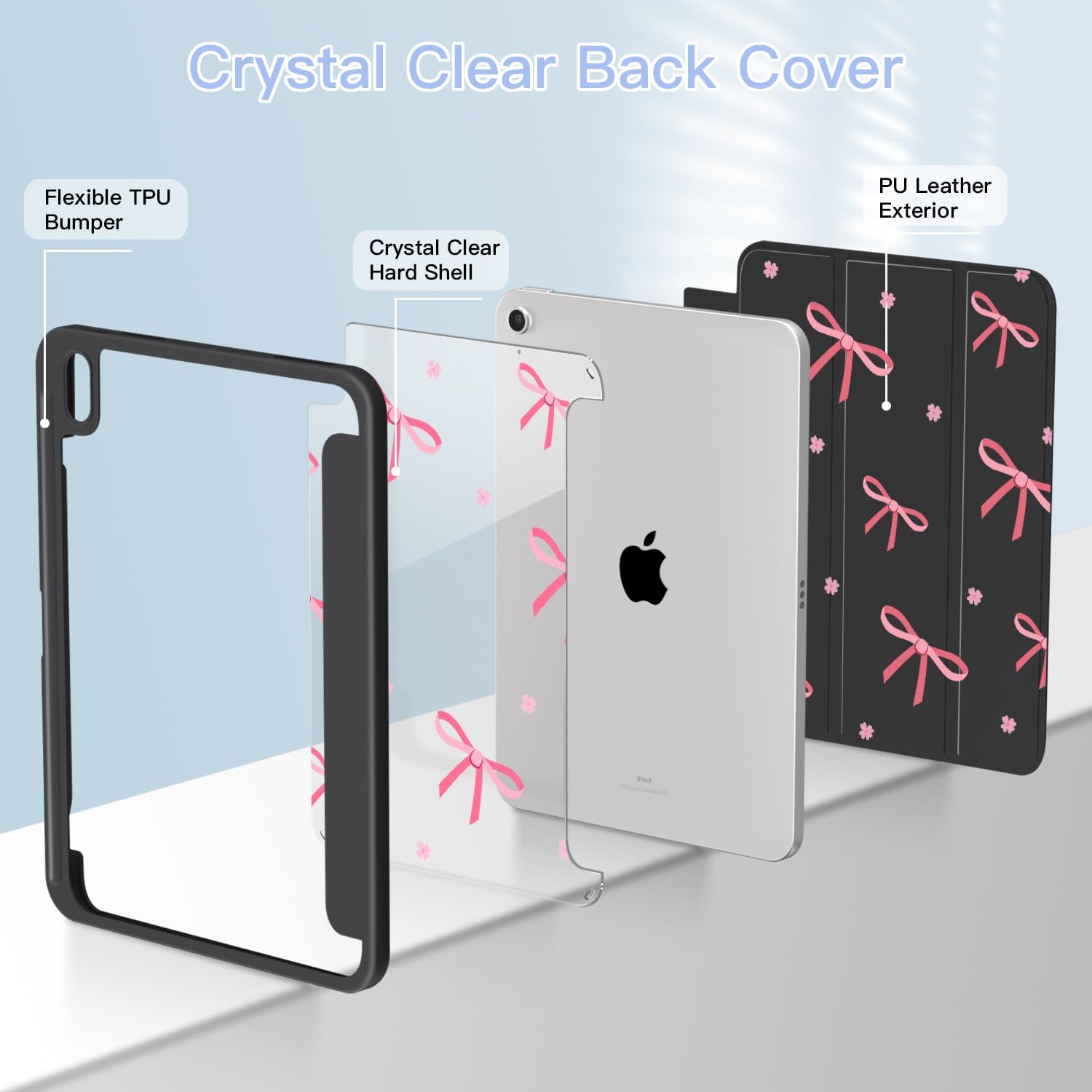 Teryeefi for iPad 11 inch (A16) 2025 11th Gen/iPad 10.9 inch 2022 10th Gen, Built in Pencil Holder with Crystal Clear Back Cover Hard Shell with Auto Wake/Sleep & Stand Function, Black Bows