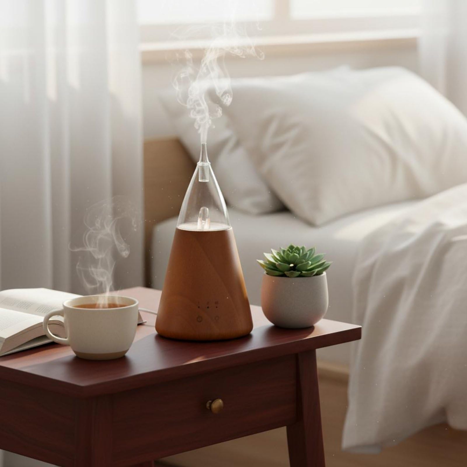 B Baosity Diffuseur d'Arômes Diffuseur d'Huiles Essentielles Nébuliseur Appareil Odorant Chêne Robuste et Verre Minuterie 2h et Lumière Douce Adapté au Sommeil, Tour Marron