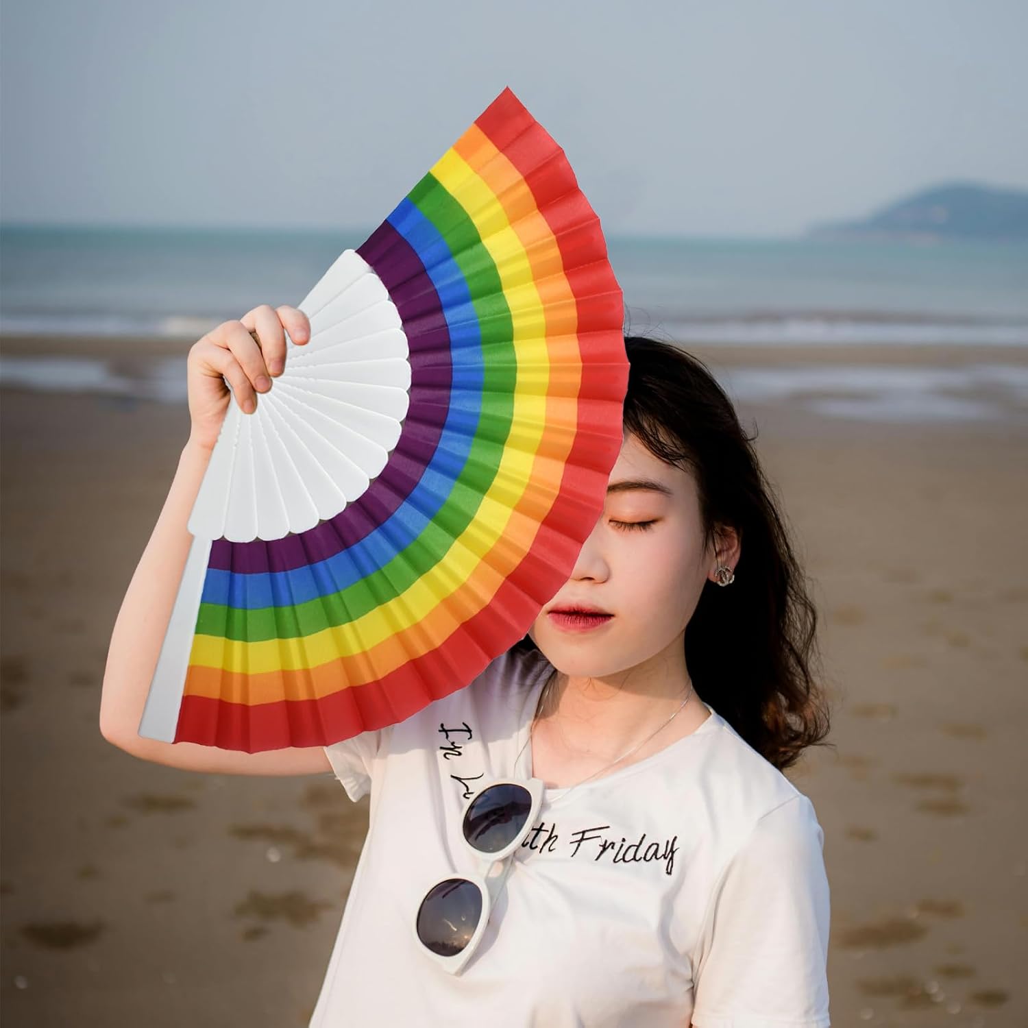 6 Pack Rainbow Hand Folding Fans, Plastic Pride Held Fans, LGBT Party Fans for Gay Party, Music Festival, Club, Events, Dance and Performance Supplies
