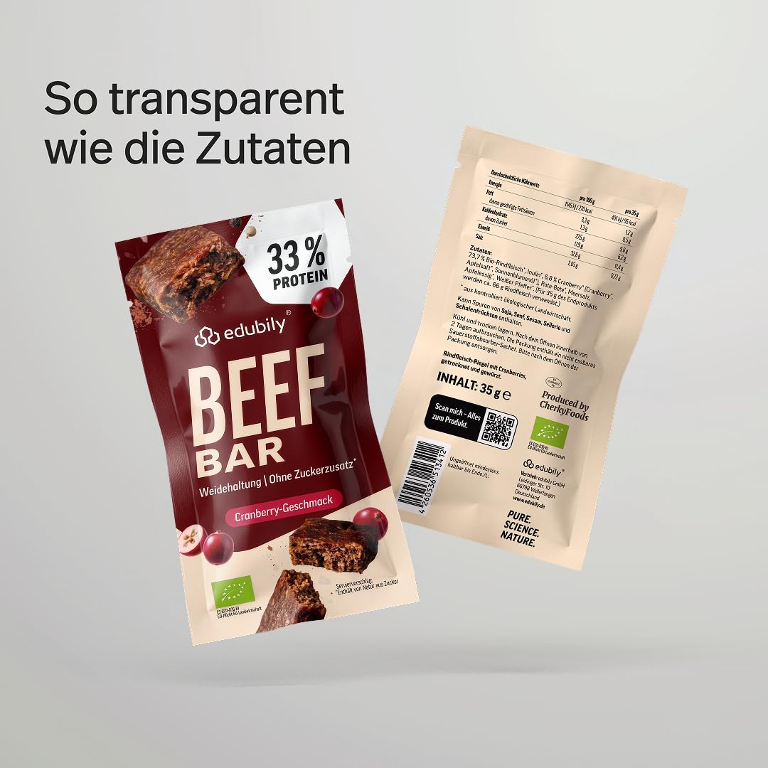 edubily® Beef Bar Cranberry - Protein Riegel als herzhafter Snack für unterwegs - mit 32% Protein aus Bio-Rindfleisch, Cranberries & Rote Bete - low carb (12x35 g, glutenfrei, Bio)