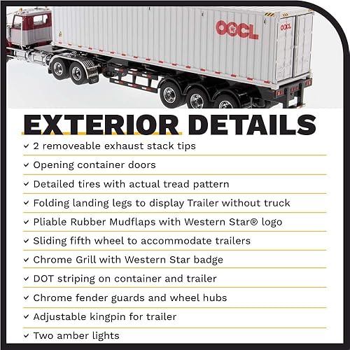 Miniatura 5 de Diecast Masters Cabina de día Western Star 4900 SFFA a escala 1:50 con contenedor marino de productos secos de 40' - Rojo y gris - OOCL | Serie