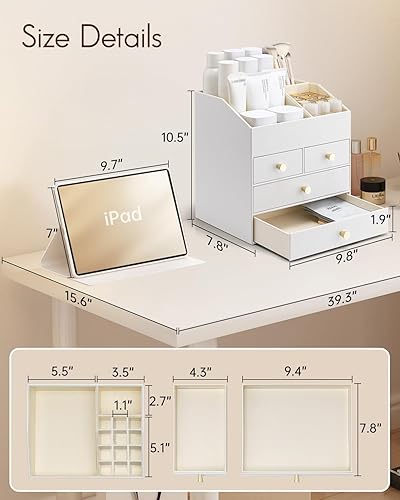 Miniatura 3 de Vlando Organizador de maquillaje para encimera, organizador de tocador grande, de piel sintética, con 4 cajones, organizador de cuidado de la piel,