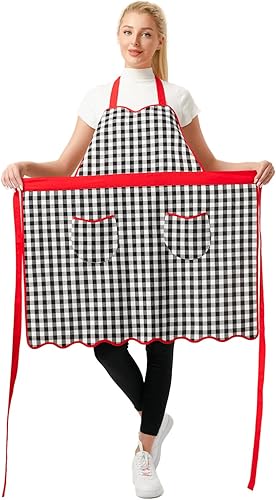 Delantal clásico a cuadros de algodón, delantales de cocina con bolsillos para cocinar, barbacoa y hornear, Cuadros Negros