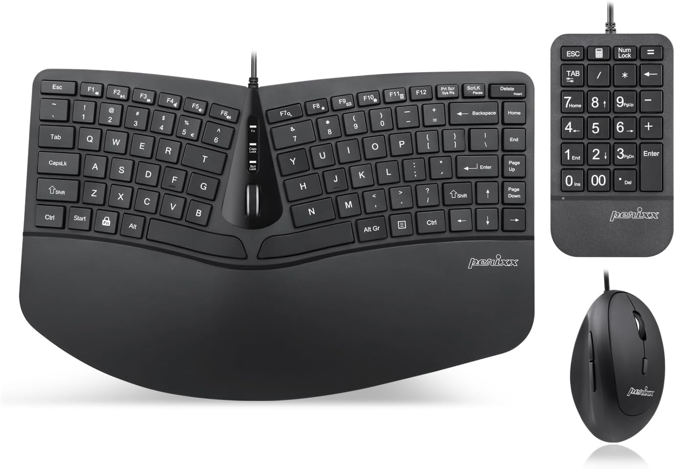 PerixxPERIDUO-406A, 3-in-1 Wired Compact Ergonomic Keyboard with Vertical Mouse and Numeric Keypad - Adjustable Palm Rest - Tilt Wheel - Membrane Low Profile Keys - US English Layout