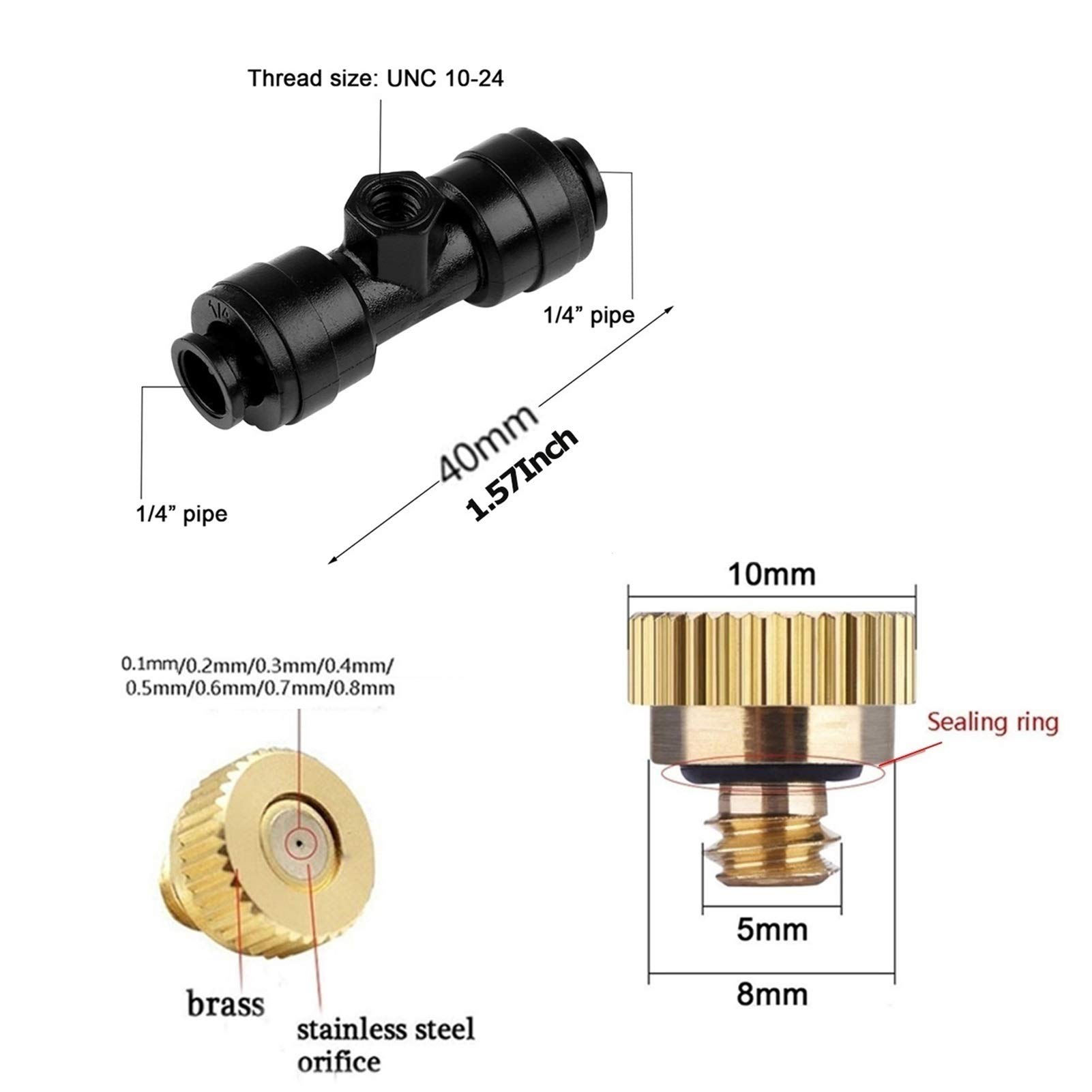 Zestaw dysz mosiężnych do systemów chłodzenia, dysze mosiężne z trójnikami 1/4'' Slip-Lock, dysze mgłowe do systemów tarasowych, systemów chłodzenia zewnętrznego, systemów nawadniania ogrodu