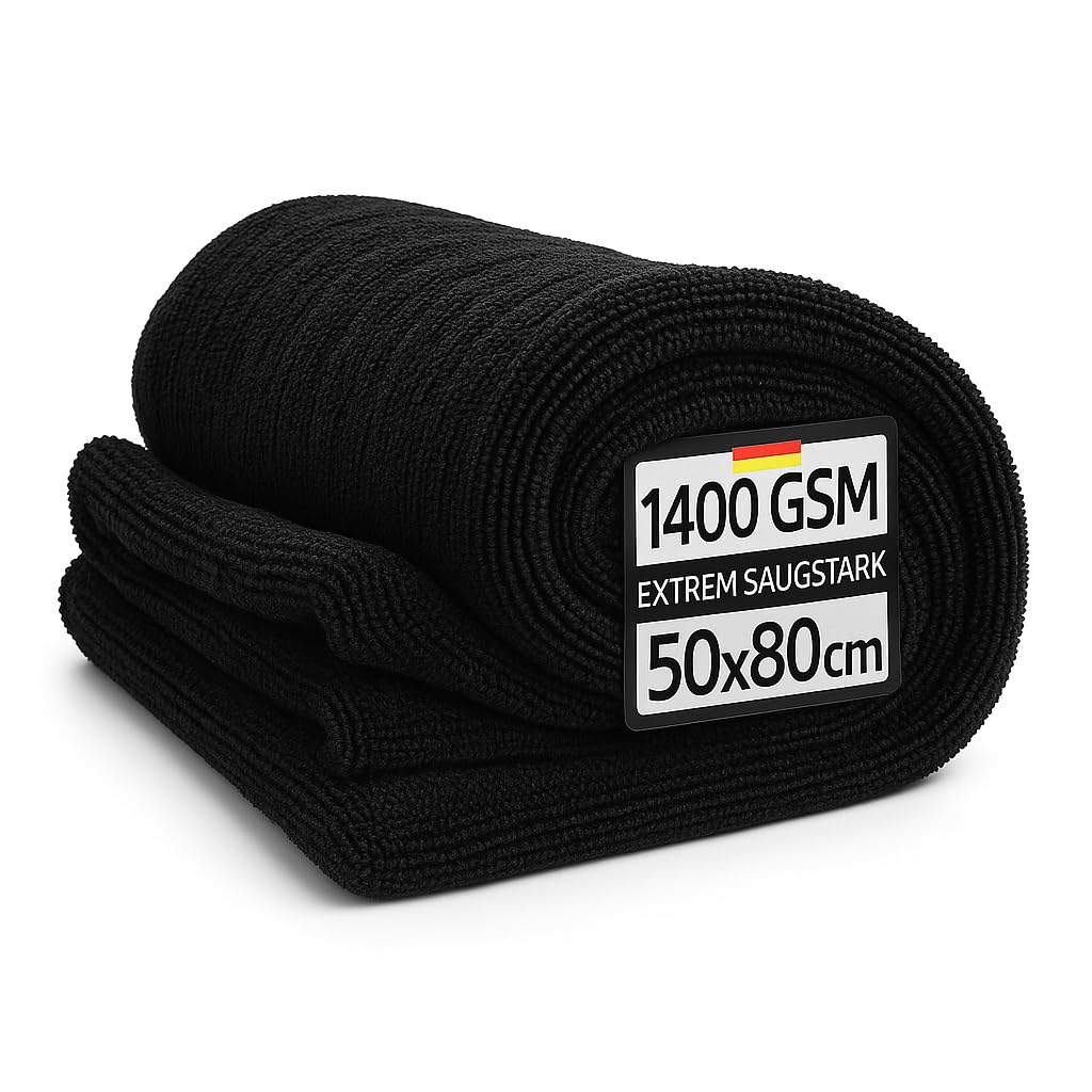 Kemes Mikrofasertücher Auto XXL 80x50cm Premium 1400 GSM Autotrockentuch Schwarz Microfaser | 5-Fach Ultra saugstark Poliertuch für Autopflege