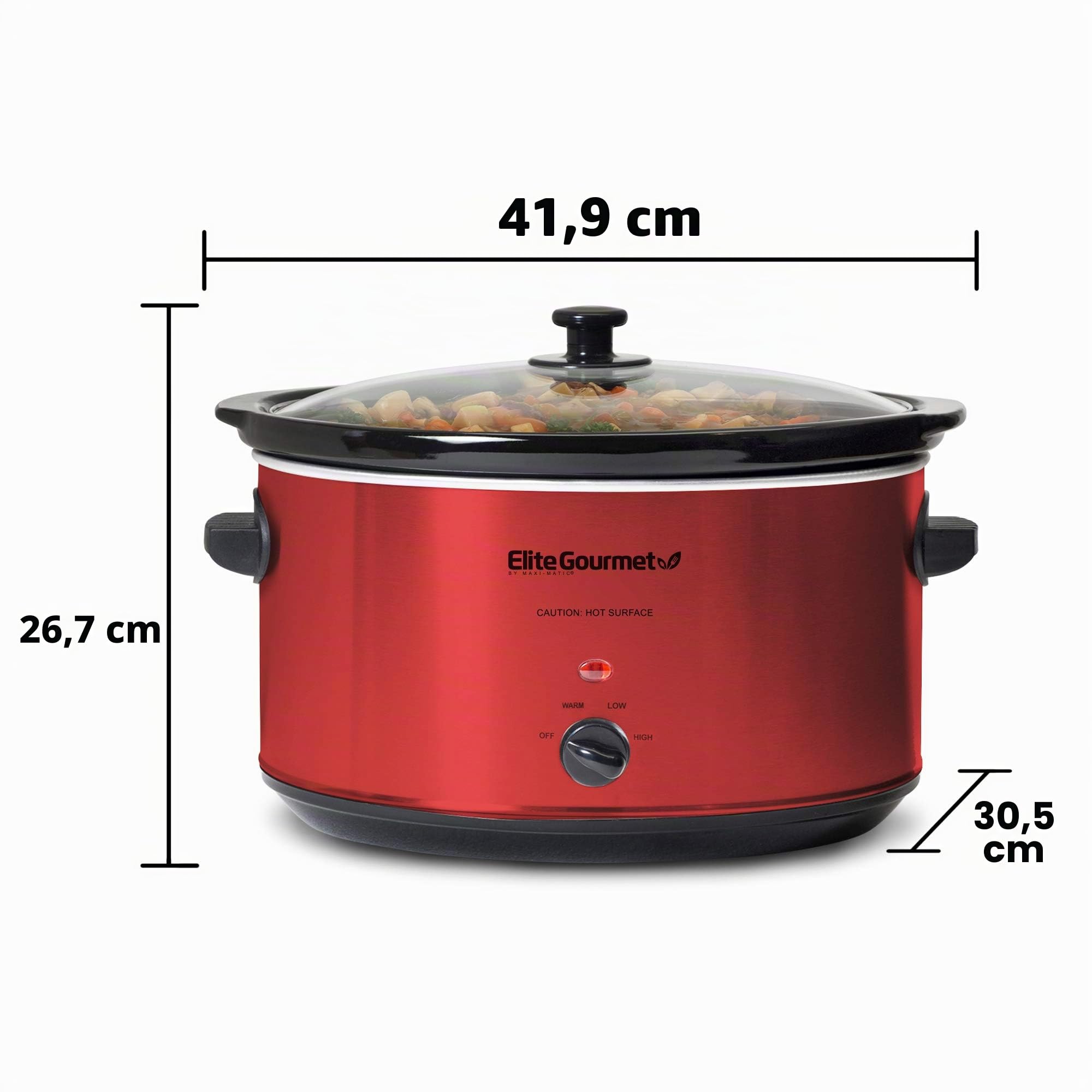 Elite Gourmet MST-900RXT Olla eléctrica de cerámica XL Jumbo, con temperatura ajustable, para platos principales, salsas, guisos y aderezos, tapa de cristal apta para lavavajillas, 8 l, rojo metálico