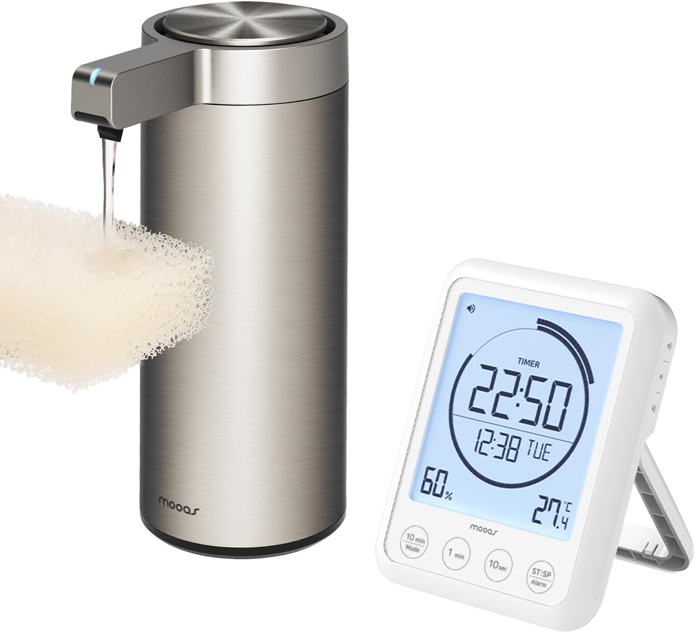 mooas Shower Clock with Waterproof Timer, Temperature, Humidity + Metal Touchless Automatic Liquid Soap Dispenser, Stainless Steel, Rechargeable, IPX5 Waterproof for Bathroom, Kitchen, Handwashing