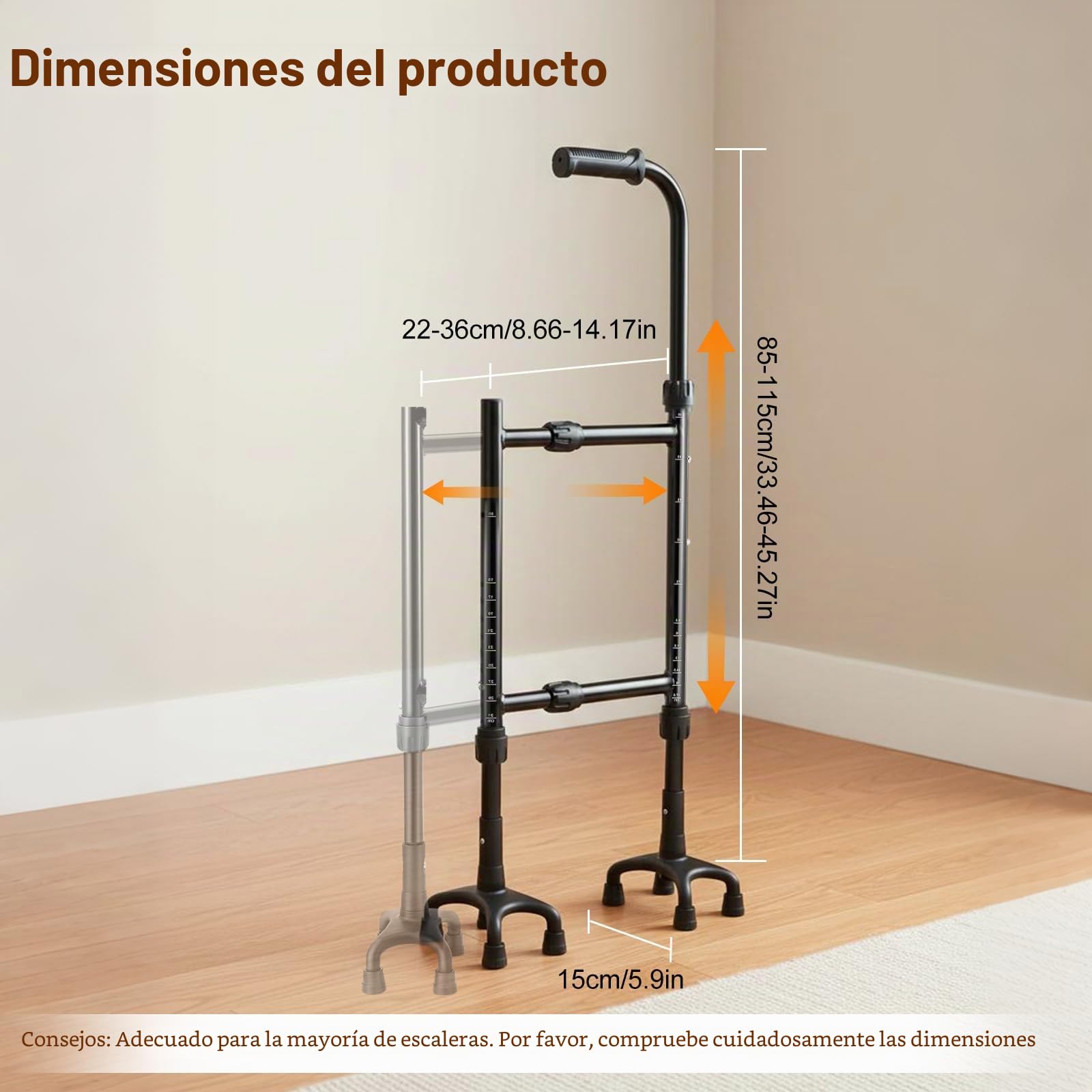 Bastón, Ayuda para Subir Escaleras Muletas para Personas Mayores Altura (85-115 Cm) Y Ancho (22-36 Cm) Ajustables Base Cuadrúpeda Bastón/Ayuda para Subir Escaleras Versátil Diseño 2 En 1