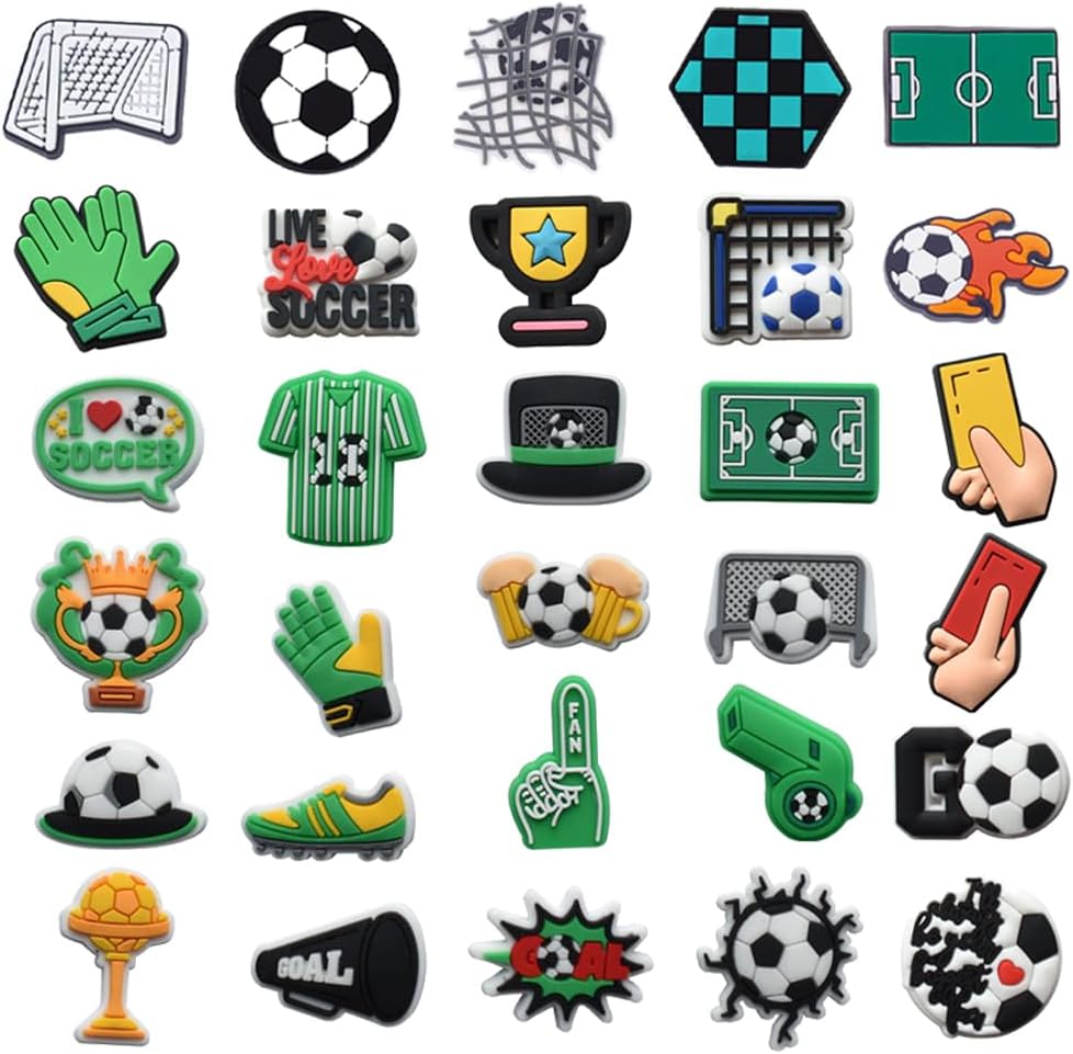 30Pcs Football DIY Shoe Charms, Sports Charms Shoe Decoration for Sandals, Soccer Accessories for Teens, Boys, Men