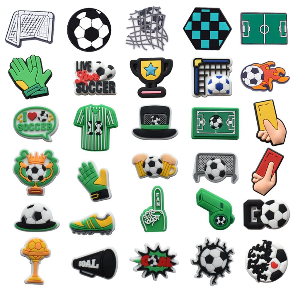 30Pcs Football DIY Shoe Charms, Sports Charms Shoe Decoration for Sandals, Soccer Accessories for Teens, Boys, Men