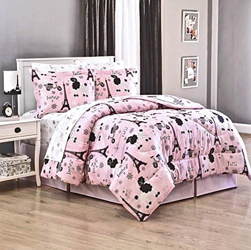 Lauren Cole Teen Girls 8 Piece Full Size Pink Paris Chic Eiffel Tower Parisian Theme French Poodles Comforter & Sheet Set
