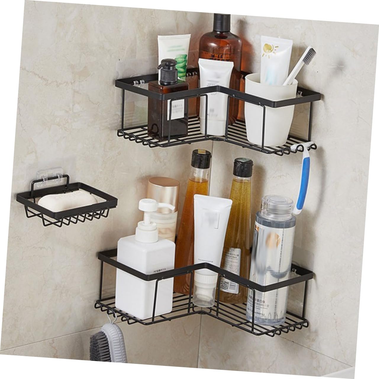 Ciieeo Set di 3 Mensole Angolari per Doccia Nere in Acciaio al Carbonio | Struttura Robusta, Installazione senza Fori Né Attrezzi, Organizzazione Multiuso per Shampoo e Materiale Scolastico