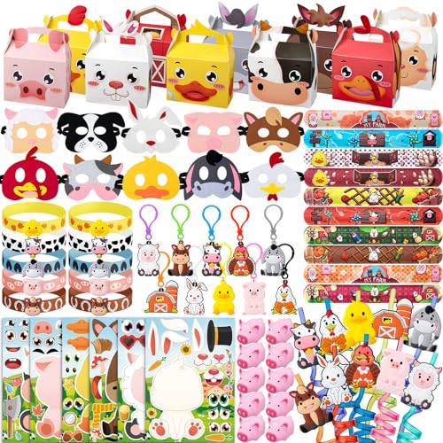 DMIGHT Farm Animals Birthday Party Favors Set 82 PCS Barnyard Animal Masks Sticker Keychains Straw...