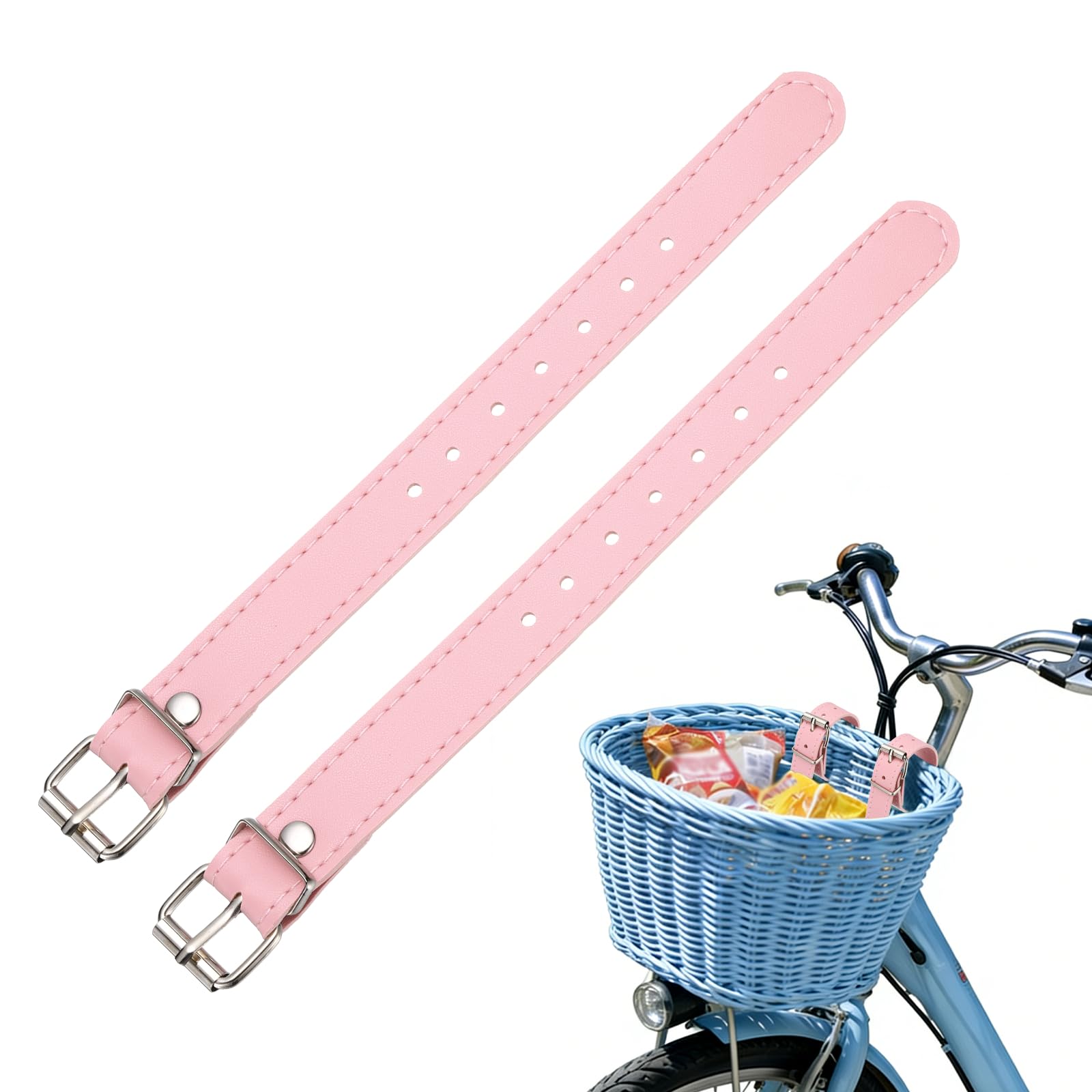 YELARXI Bicycle Basket Strap, Adjustable Bike Front Baskets Leather Straps Detachable Securing Straps 4 Pcs & Pink-Fitting for (Most Bikes/Tricycle/Scooters)