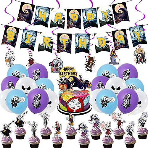 Christmas Nightmare Birthday Party Supplies,Banner,Cake Topper,Cupcake Toppers ,Balloons,Spiral Charm for Kids Baby Shower Christmas Nightmare Birthday Party Decorations
