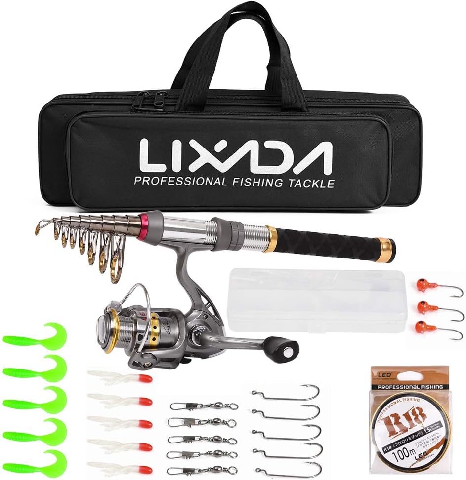 Lixada Fishing Rod Reel Combo Carbon Fiber Telescopic Fishing Pole Spinning Reels Fishing Carrier Bag 100M Fishing Line Lures Hooks Jig Head Fishing Accessories for Travel Fishing
