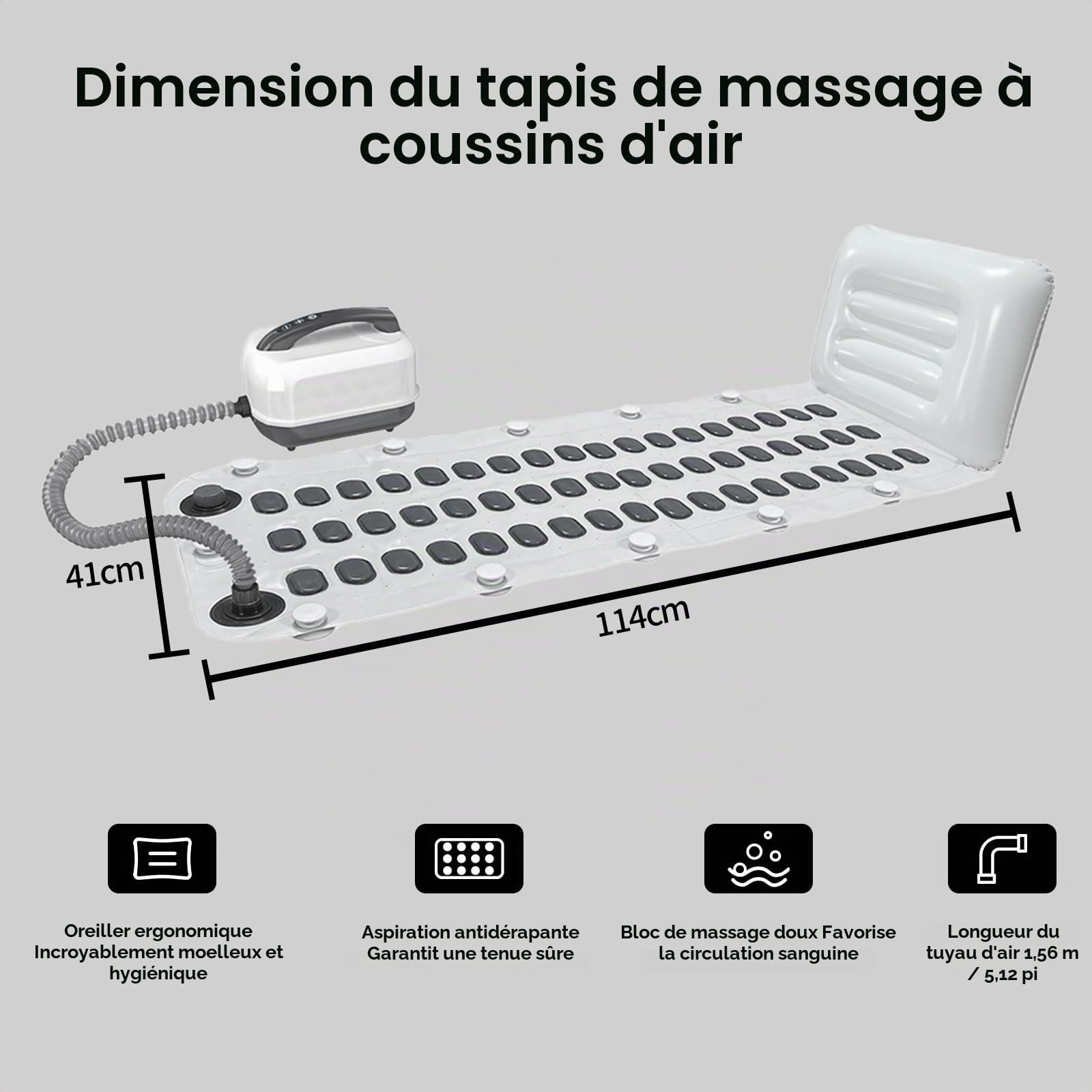 Tapis de bain à bulles avec coussin, portable à bulles avec 6 vitesses pour la relaxation à la maison, ventouses antidérapantes