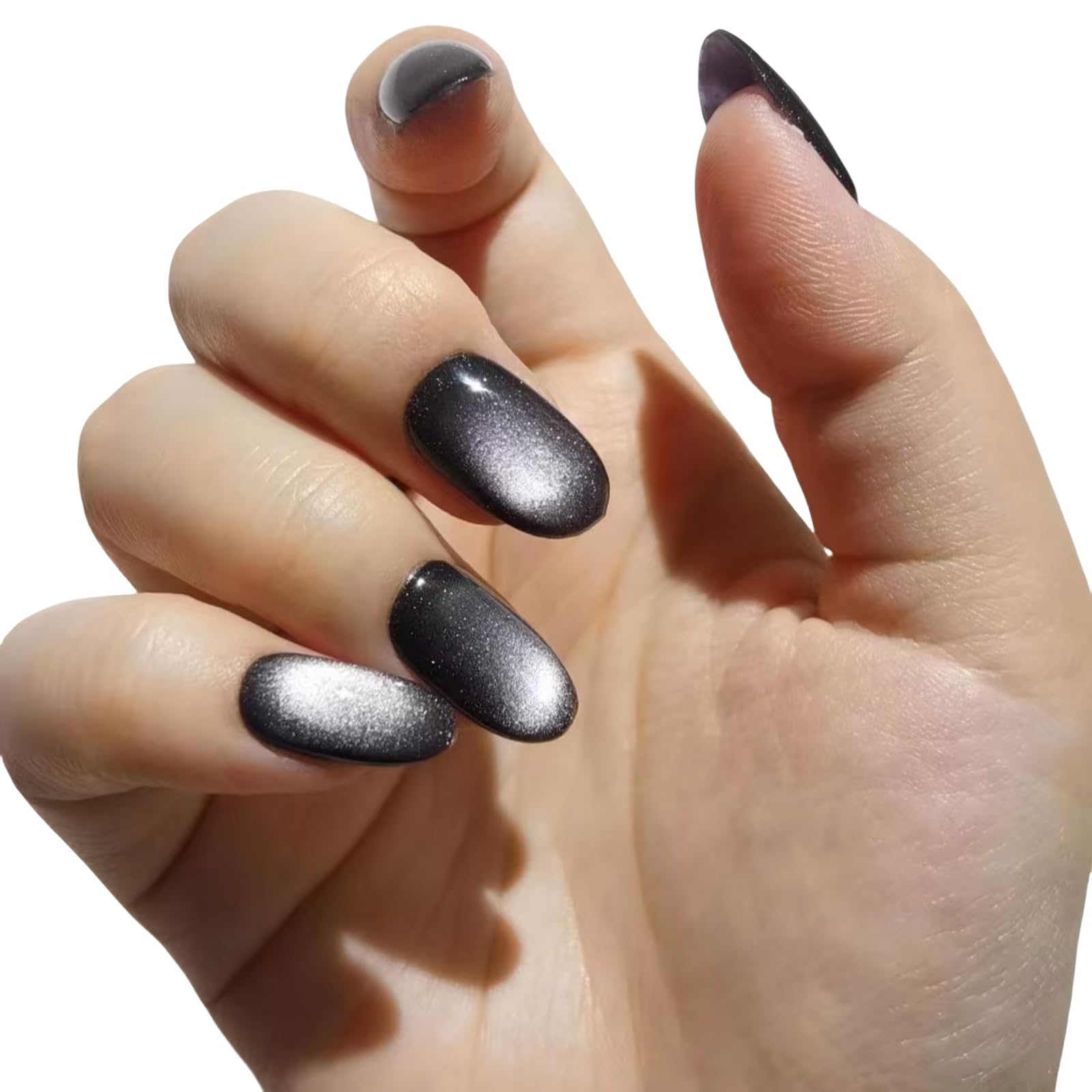 Cat Eye Press on Nails Handmade Short Oval/Square/Round False Nails with French Tip/Aurora/Magnetic Shimmer Designs (Shimmer#Black Pearl, Small)