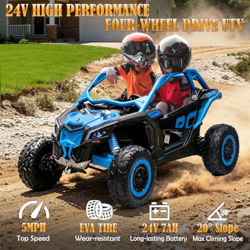 Image of NEWQIDA 2 Seater Ride On Car with Remote Control 24V 4WD Electric Car for Kids 4x4 Ride on Truck Licensed Can Am Maverick UTV Ride On Toys for Big Kids, EVA Rubber Wheels, Spring Absorbers, Blue