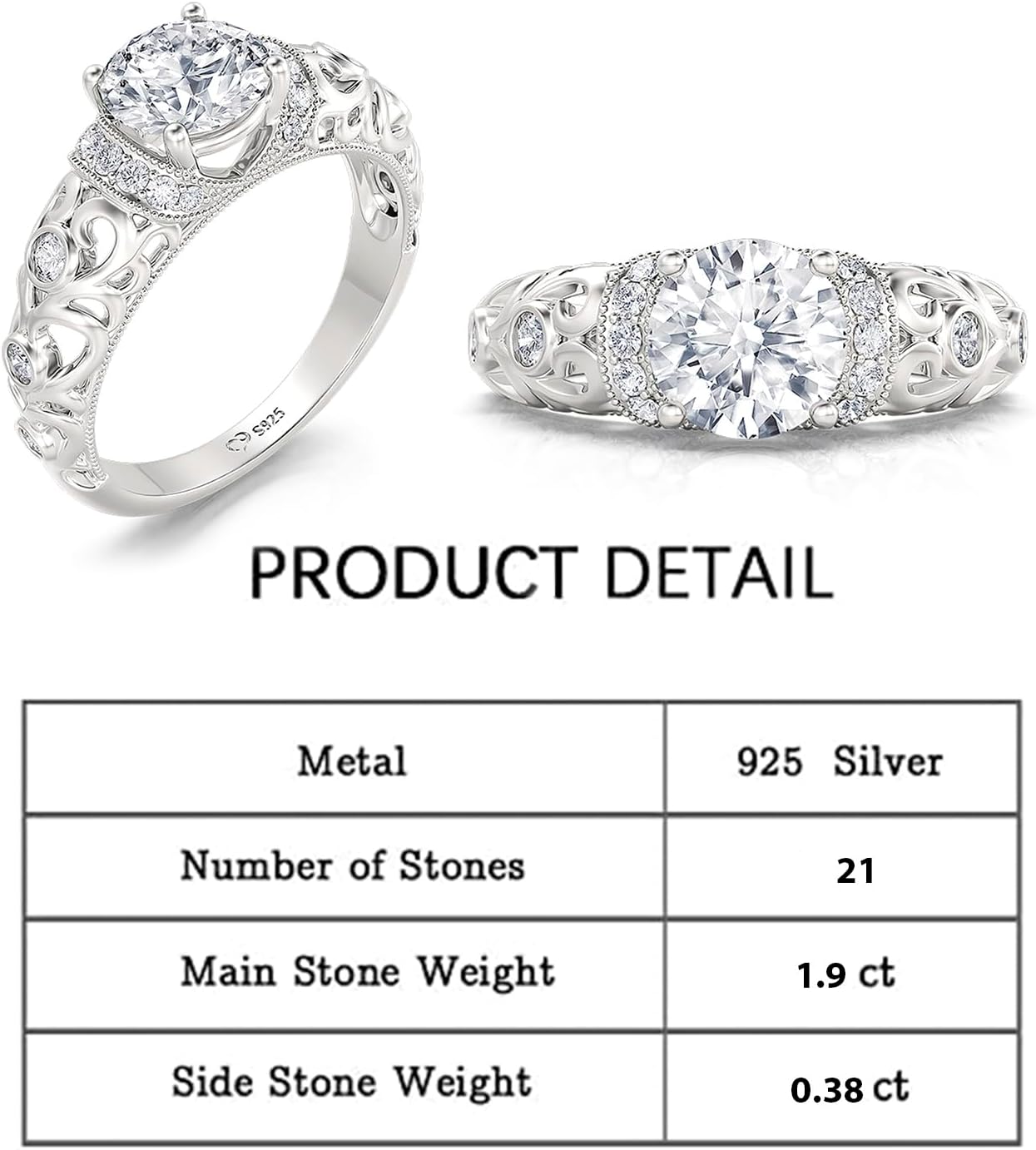 Jeulia 2 Carat Leaf Vines Rings for Women 925 Sterling Silver Engagement Rings Round Cut Diamond Filigree Vines Wedding Band Rings Solitaire CZ Promise Anniversary Rings Romantic Gift