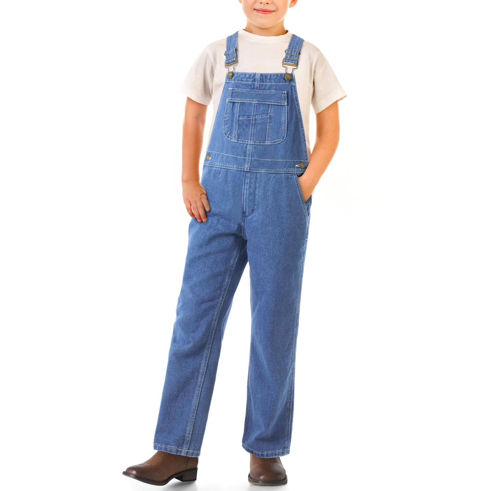 HISEA Salopette en jean pour garçon, taille 4-16, salopette en jean bleu pour enfants avec bretelles réglables, salopette délavée classique pour jeunes