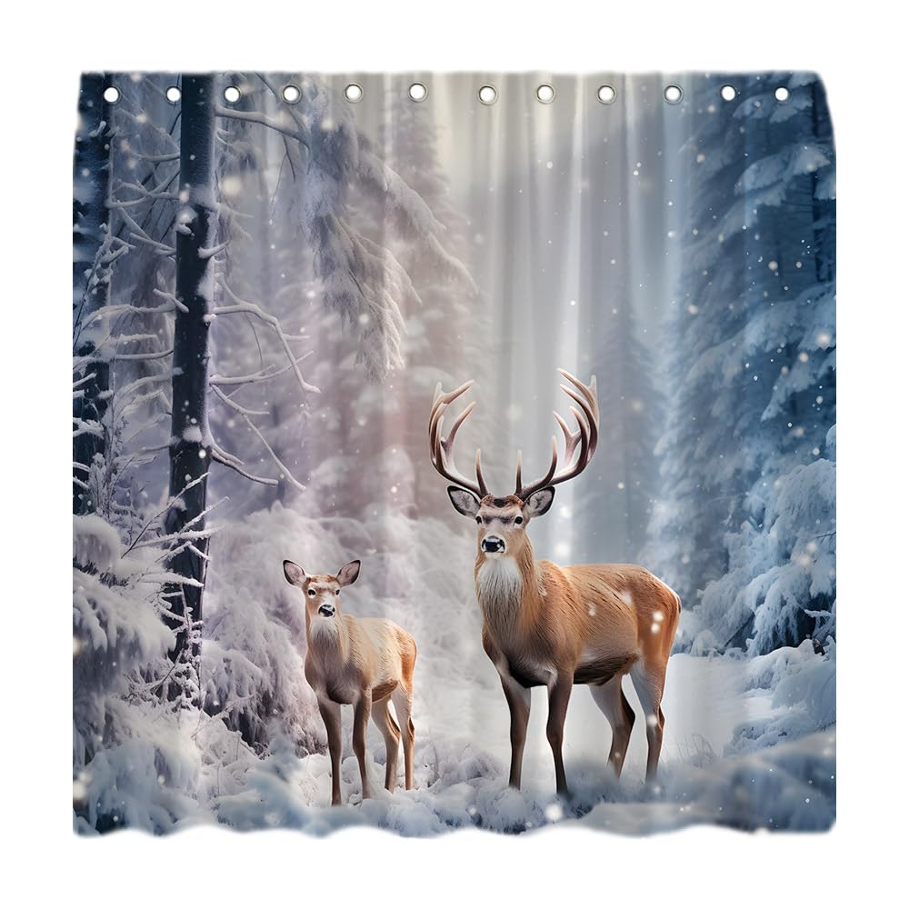 Winter-Wald Duschvorhang Mit Hirsch-Motiv – Rustikal, Weihnachten, Natur-Landschaft | Inkl. Haken