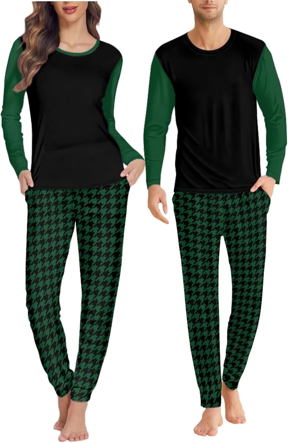 Matching Pajamas for Couples 3D Print Houndstooth Plaid Pattern Long-Sleeved Nightwear Round Neck