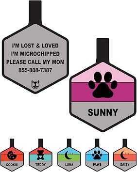 Silent Dog Tag Personalized with 5 Lines of Custom Deep Engraved Durable Soundless Silicone Pet ID Name Tag Hexagon Pink