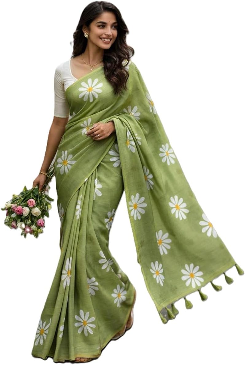 Linen Printed Saree for Women | Heavy Linen Blooming Saree with All-Over Digital Flower Print | Saree Length 6.5 m with Heavy Motif Tassels | Matching Blouse | Festive & Office Wear