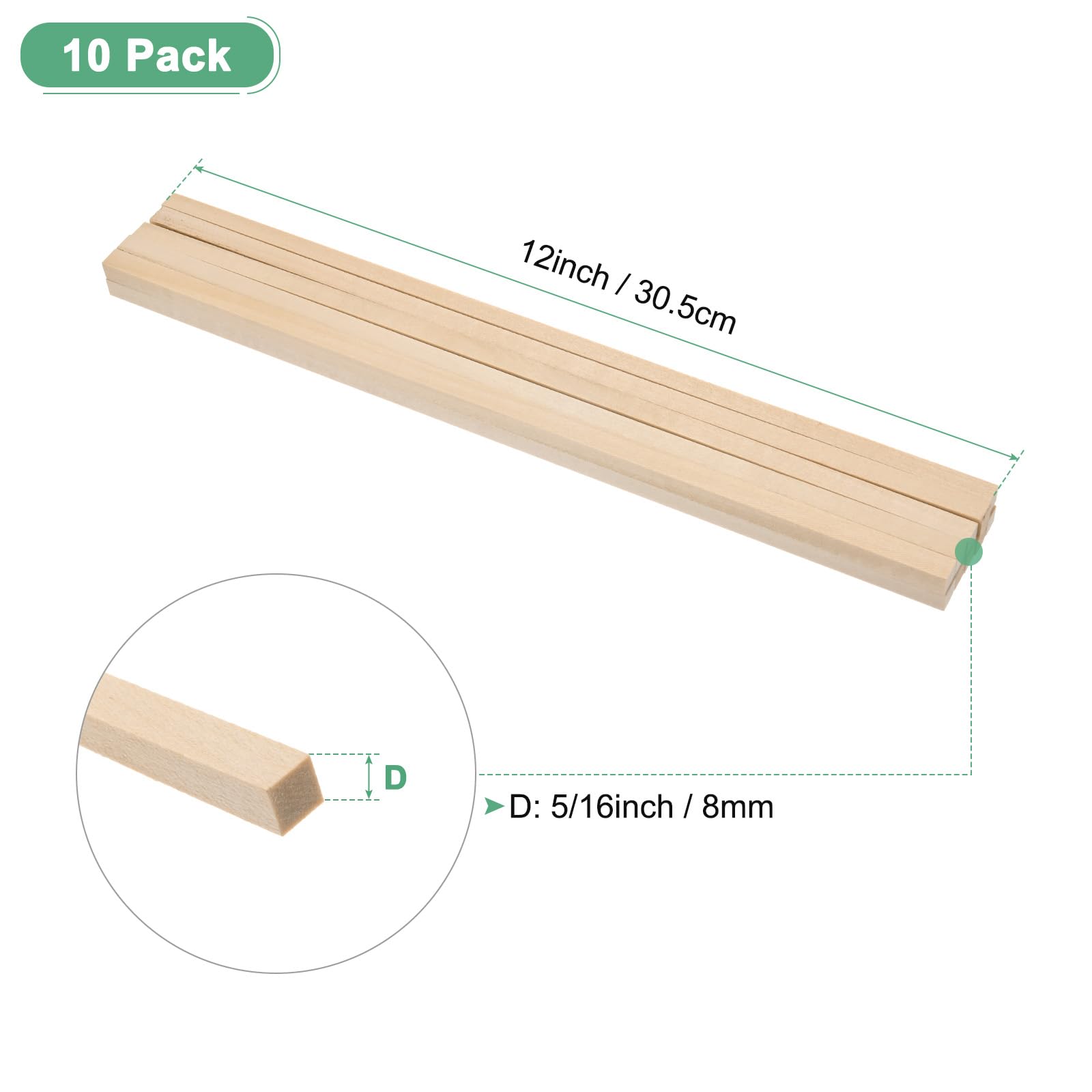 M METERXITY 10-Pack Wood Square Dowel Rods, 5/16 x 12 Inch Unfinished Wooden Square Dowel Rod - Image 3