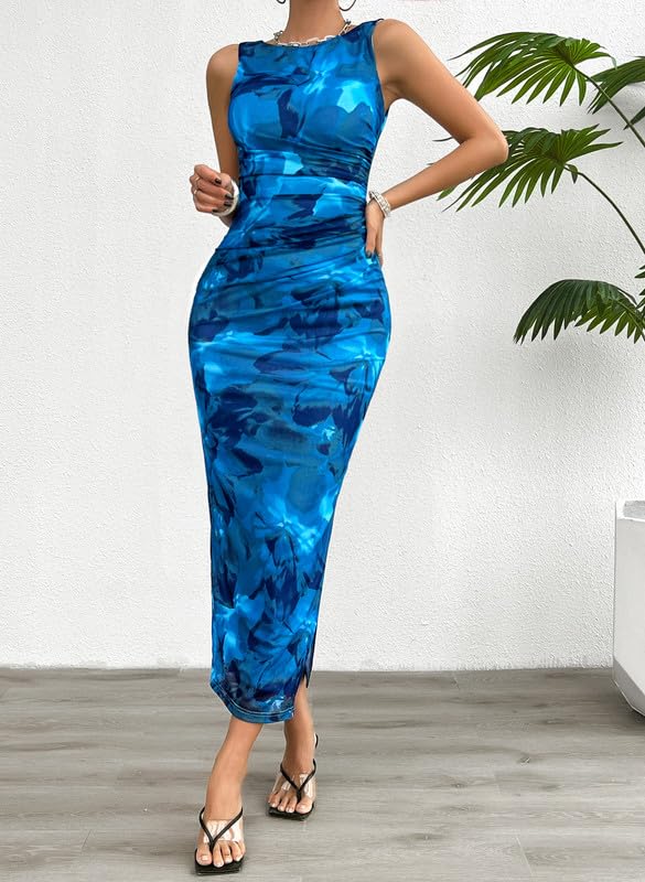 Vestido Mujer Sexy sin Mangas Cuello Redondo Tie Dye Vestidos Largo Ajustado Elegante Maxi Vestido de Fiesta Verano Bodycon Wrap Vestidos Fruncido para Cóctel Casual Noche Clubwear