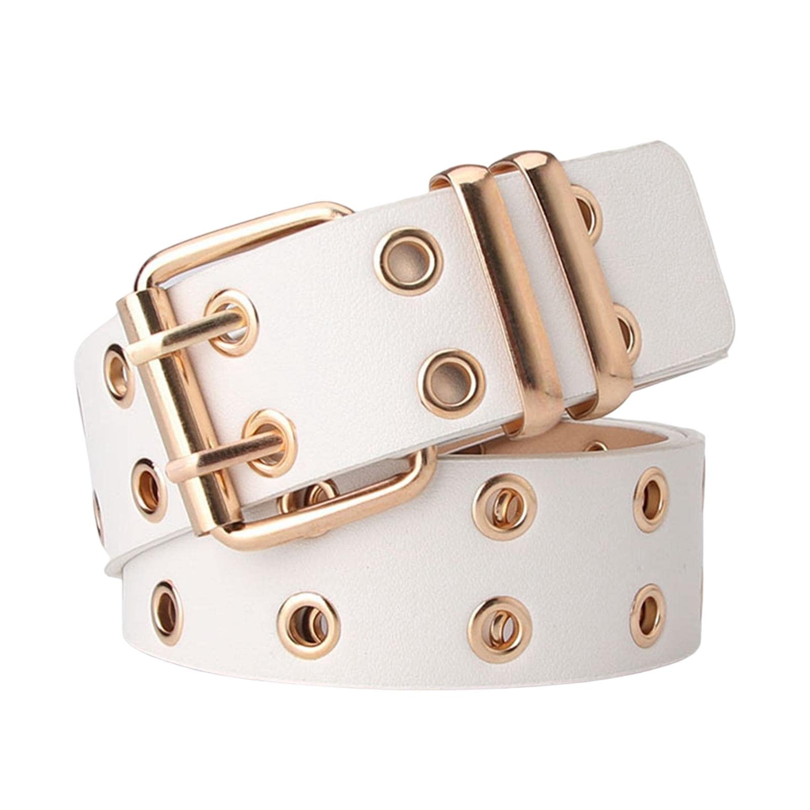 nivaa Double Grommet Punk Belt Double Prong Buckle Hollow Accessories for Pants White-picture-43