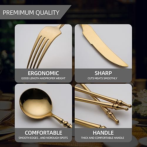 Miniatura 3 de Rose - Juego de cubiertos de acero inoxidable pulido con espejo, 30 piezas, cubiertos de cena, utensilios para comer, tenedor, cuchillo, cuchara,