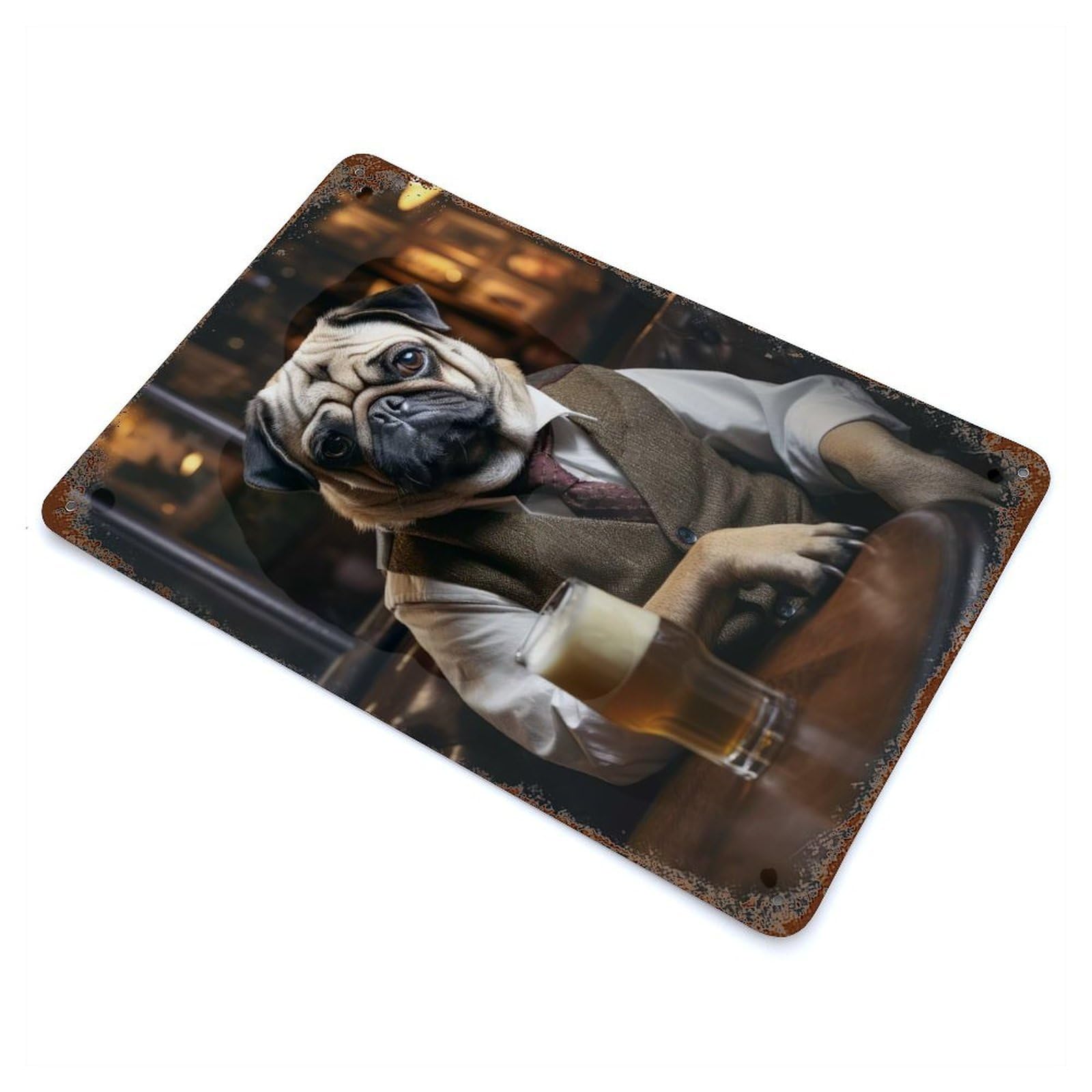Pug in The Pub Rust Effect Tin Sign 11.8"x7.9", Novelty Wall Decor for Garage, Pub Or Kitchen