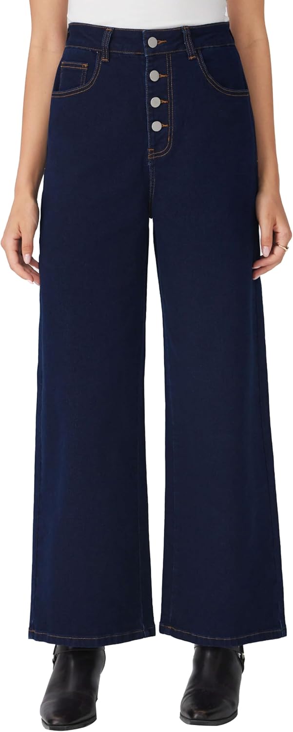 CIDER Womens Wide Straight Leg Jeans Button Down High Waisted Stretchy Denim Pants Bottom - Image 4