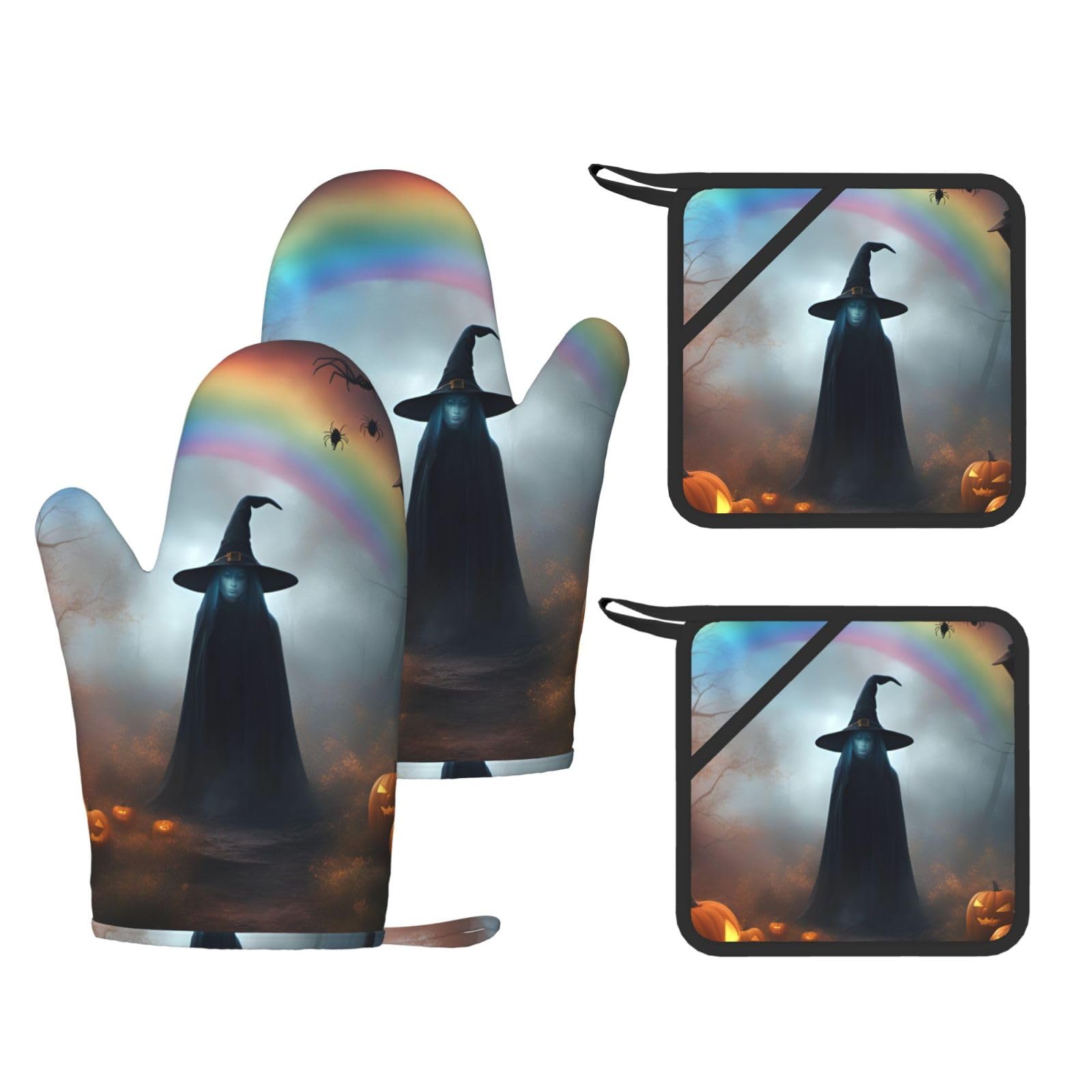 Nimongt Black Rainbow Halloween Ghost Witch Hat Spiders Print Heat Resistant Gloves Pads Reusable Kitchen Set Oven Baking Grilling Cooking
