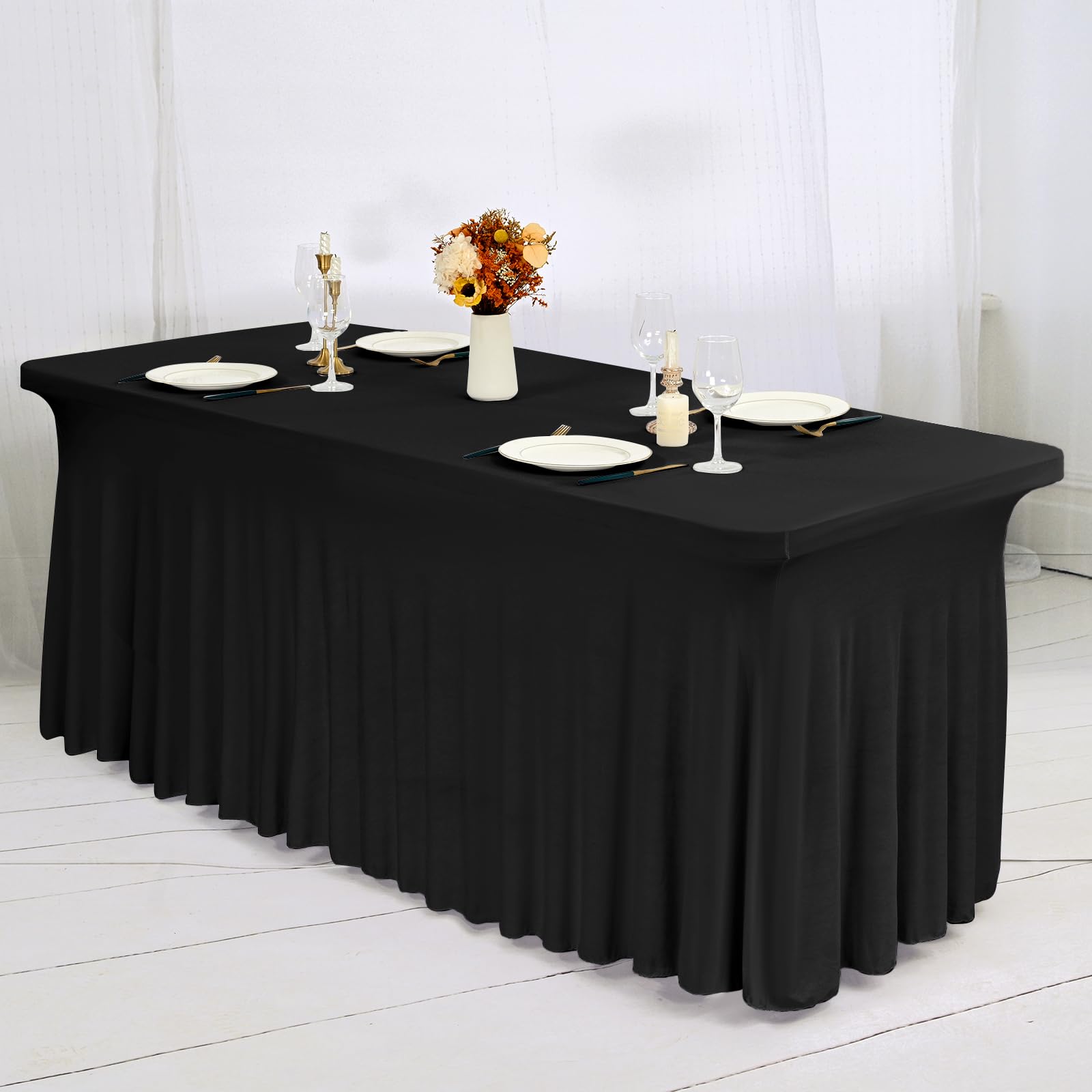Lot de 2 jupes de table en élasthanne noir pour tables rectangulaires de 1,8 m, infroissables, nappe en élasthanne ajustée, nappe extensible avec jupe pour mariages banquets salons commerciaux fêtes