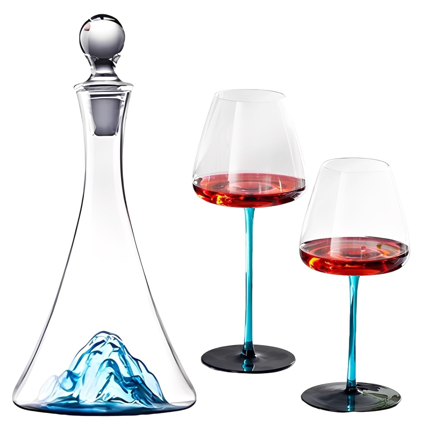 Decantador de Vino Juego, Cristal Soplado a Mano Sin Plomo Decantador Vino 1150 ml, con Tapón y 2 Copas de Vino Patrón de Iceberg Azul Decantador de Vino Cristal, para Amantes del Vino Padres