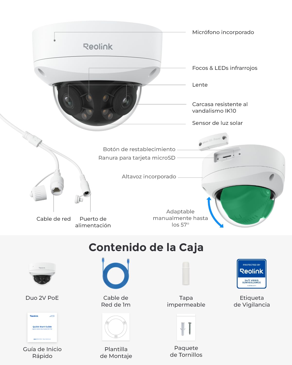 Reolink Cámara PoE 4K 8MP Dual 180°, IK10, detección Inteligente, visión Nocturna a Color, Audio bidireccional, IP67, sin Pan/Tilt, Duo 2V PoE