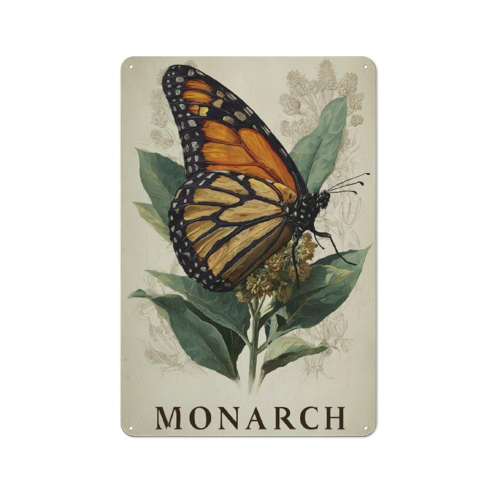30x20cm Rustic Tin Wall Plaque with Monarch Butterfly for Home Bar Wall, for Home Interiors, Feature Walls And Decorative Displays