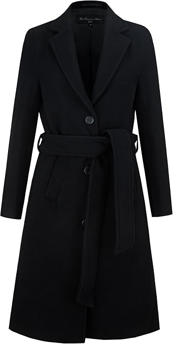 Women's Black 70% Wool & Cashmere Winter Overcoat – Long Single Breasted Coat with Belt & Satin Lining