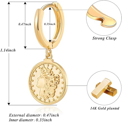 Miniatura 6 de Delicados aretes de aro colgantes para mujer, chapados en oro de 14 quilates, arracadas pequeñas con moneda de dije mal de ojo