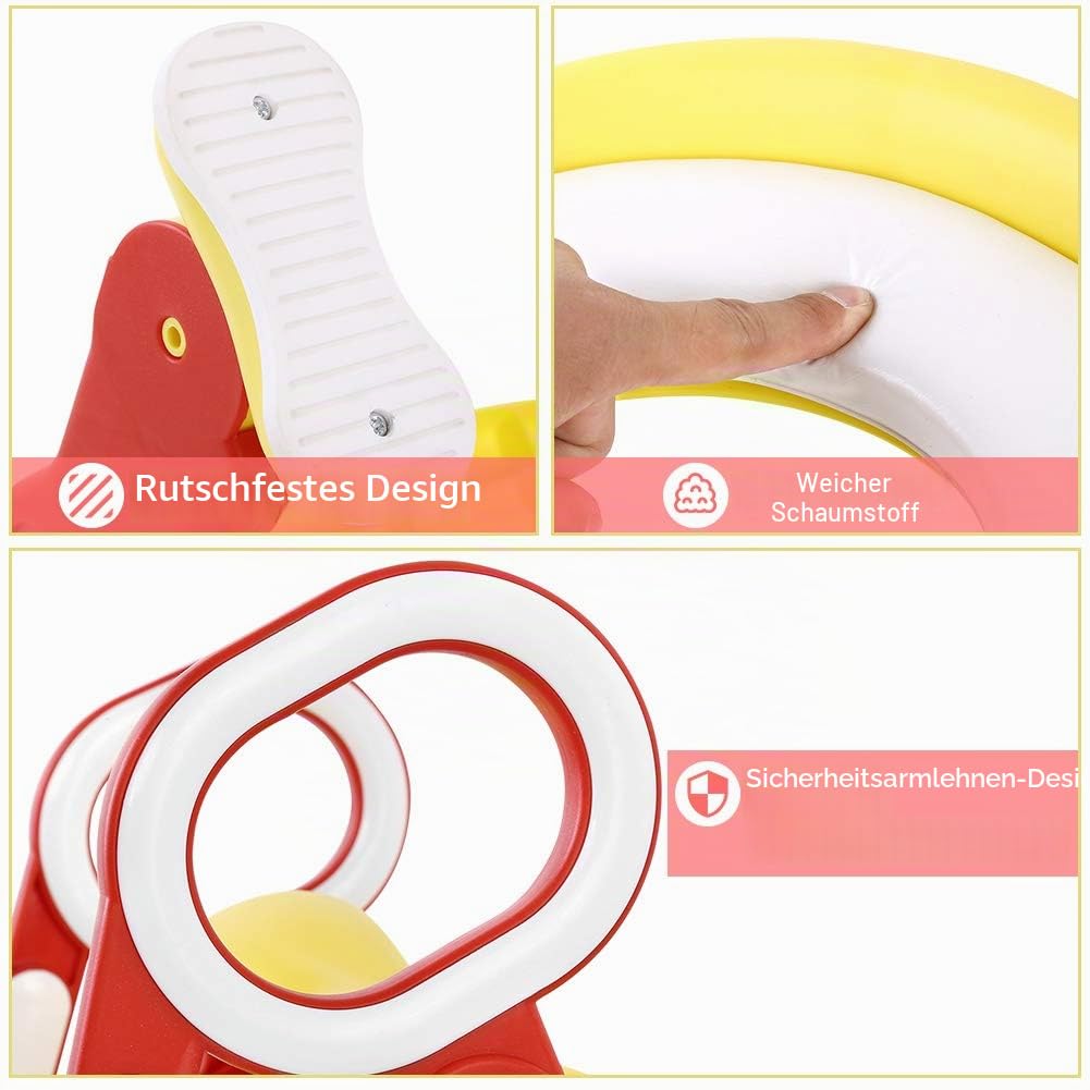 Töpfchentrainer, Toilettenaufsatz Kinder Toilettentrainer Töpfchenstuhl Universal Passend mit verstellbar Treppe Leiter weicher Sitz-Design Klappbar Rutschfest ab 1 Jahre (Rot+Gelb)