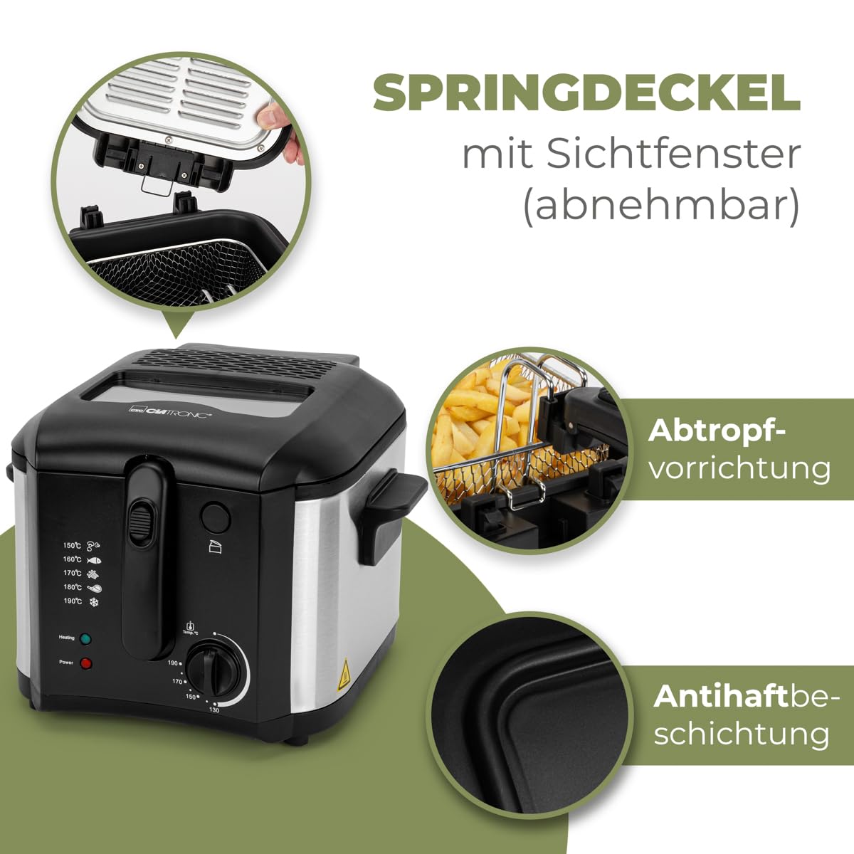 Clatronic® Friteuse mit Fett | 2,5 Liter | Fritteuse 130-190°C | Geruchs- und Fettdunstfilter | 1600W | Abtropfvorrichtung | Antihaft-Ölbehälter | Friteuse Öl | Fritteuse mit Öl | Fritöse FR 3649